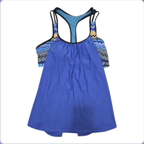 Swim Suit Side Racer Back Striped Printed Strappy T-Back Tankini Top Size Large - Picture 2 of 14